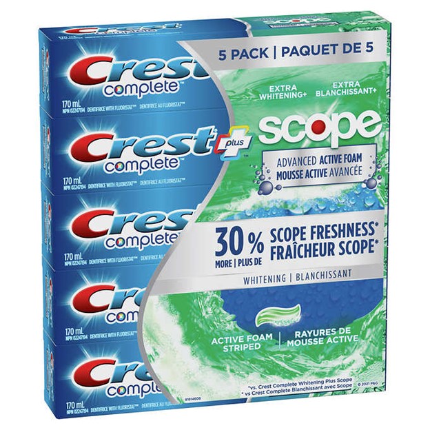 Dentifrice Crest Complete Avancé avec Scope à mousse active, 5 x 170 mL