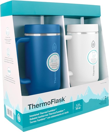 Thermoflask Lot de 2 gobelets isothermes à double paroi en acier inoxydable avec couvercle à paille,1,2 L