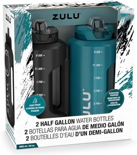 ZULU Lot de 2 bouteilles d'eau, avec marqueurs de temps de suivi de l'hydratation, 1,9L