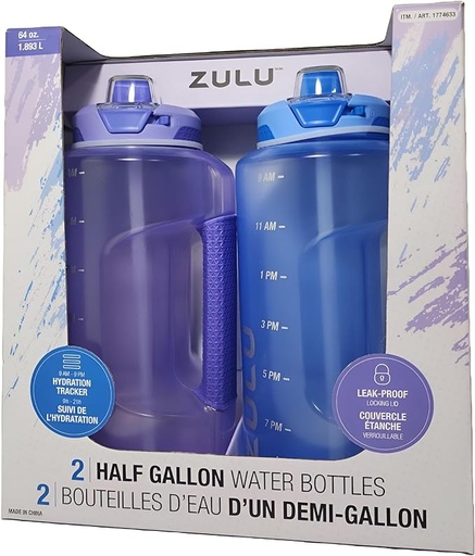 ZULU Lot de 2 bouteilles d'eau, avec marqueurs de temps de suivi de l'hydratation, 1,9L