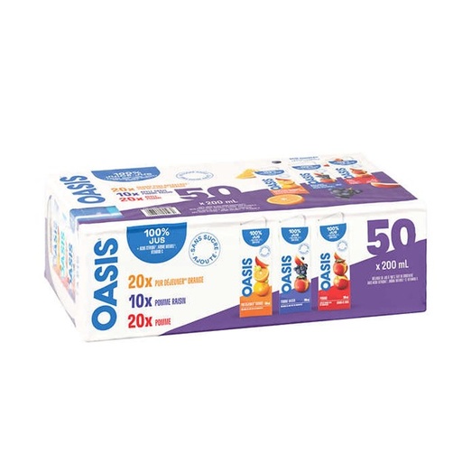 Jus Oasis - saveurs assorties à 100 %, pack 50 × 200 ML