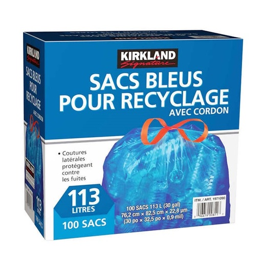 Sacs Bleus pour recyclage avec cordon, Kirkland, paquet de 100 P